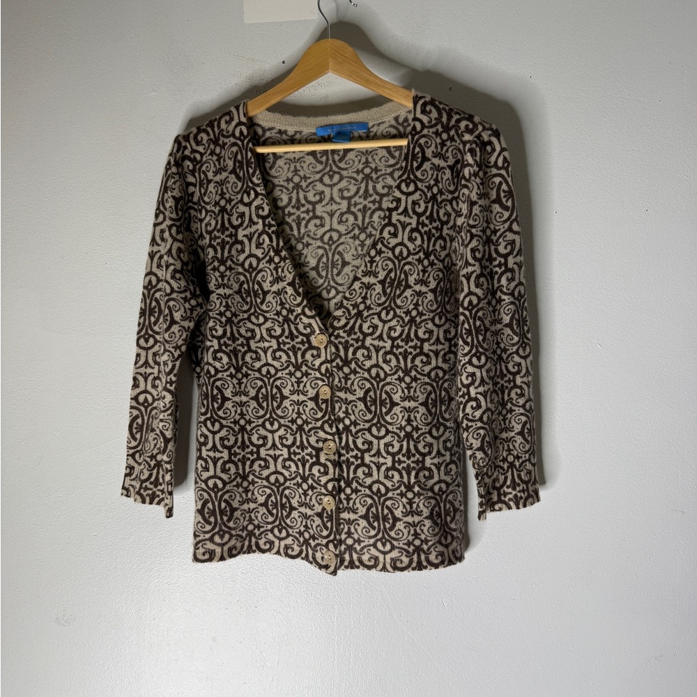 White + Warren Cashmere‎ Brown Cream V Neck Button Down Cardigan Large